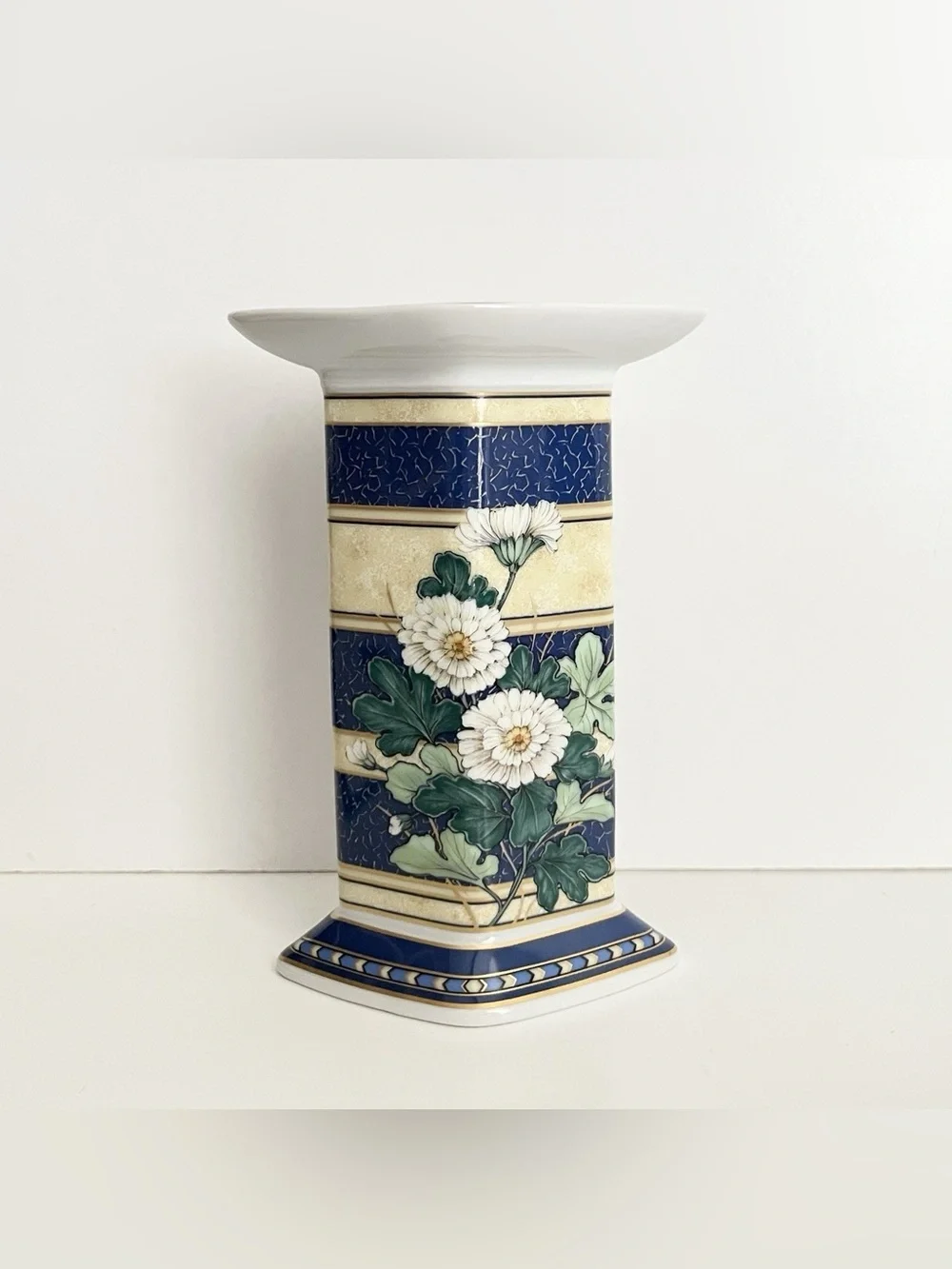 Vintage Kaiser Germany Atrium Porcelain Candle Holder Floral Blue Yellow 5.5 in